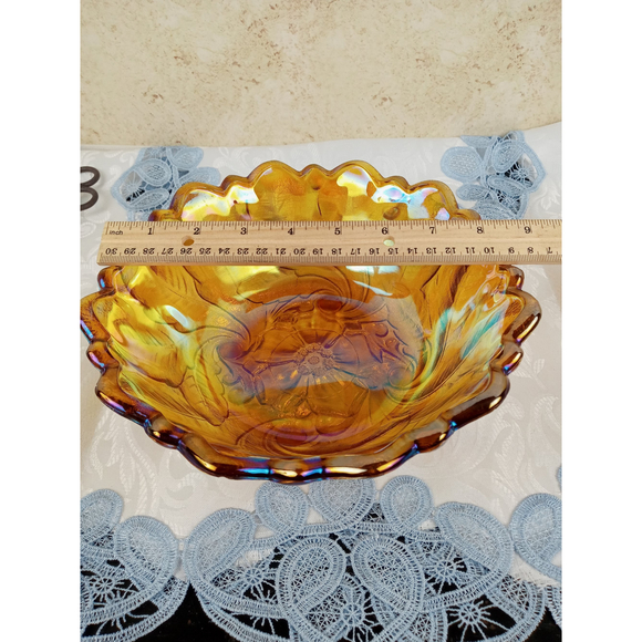 Indiana Glass Flower & Leaf Marigold Carnival Scalloped Footed Serving Bowl 9" - Picture 12 of 12